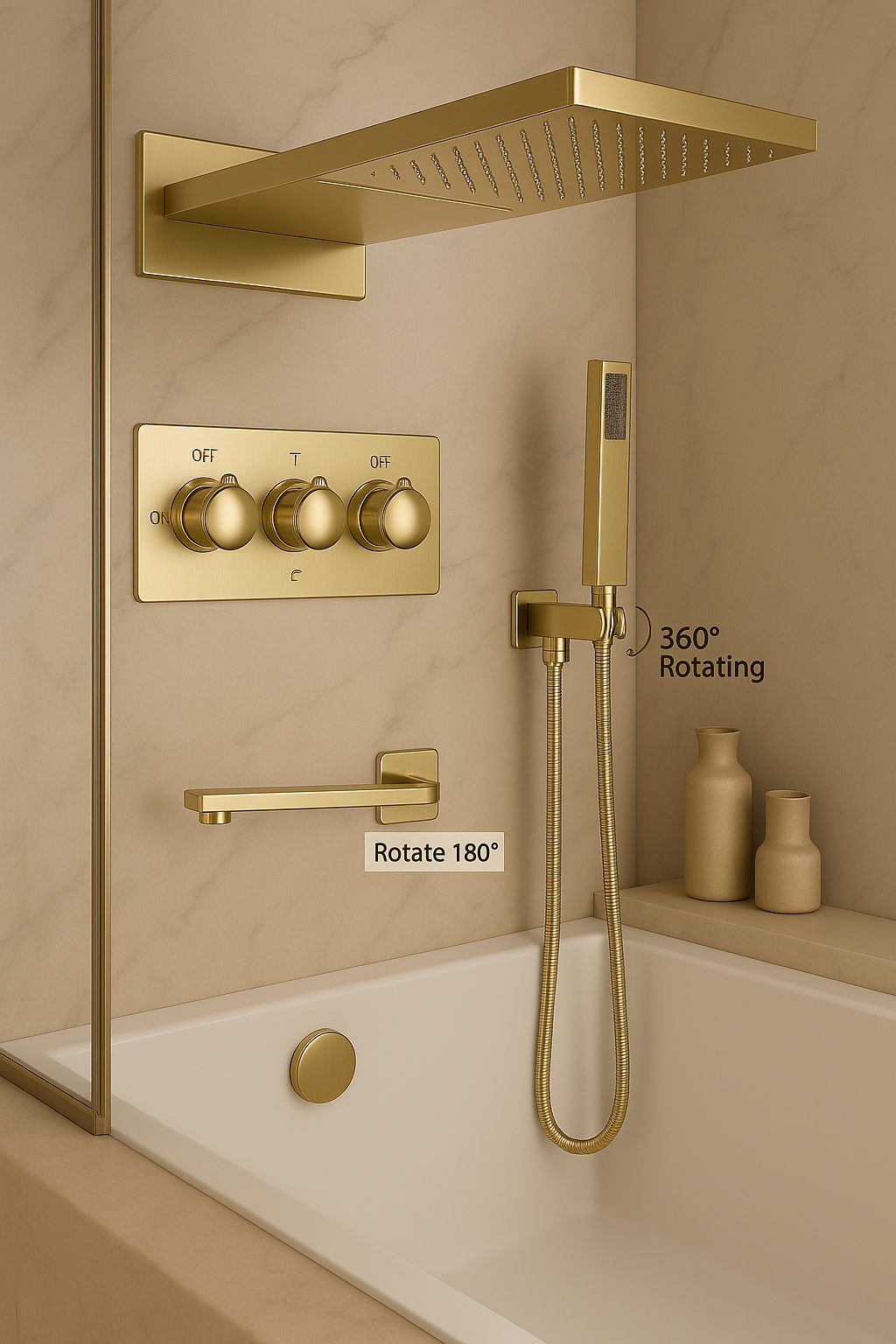 MAX Faucets 4 Function Shower System Set – with Waterfall & Rainfall Showerhead (Brushed Gold) YM-MW44433-BG