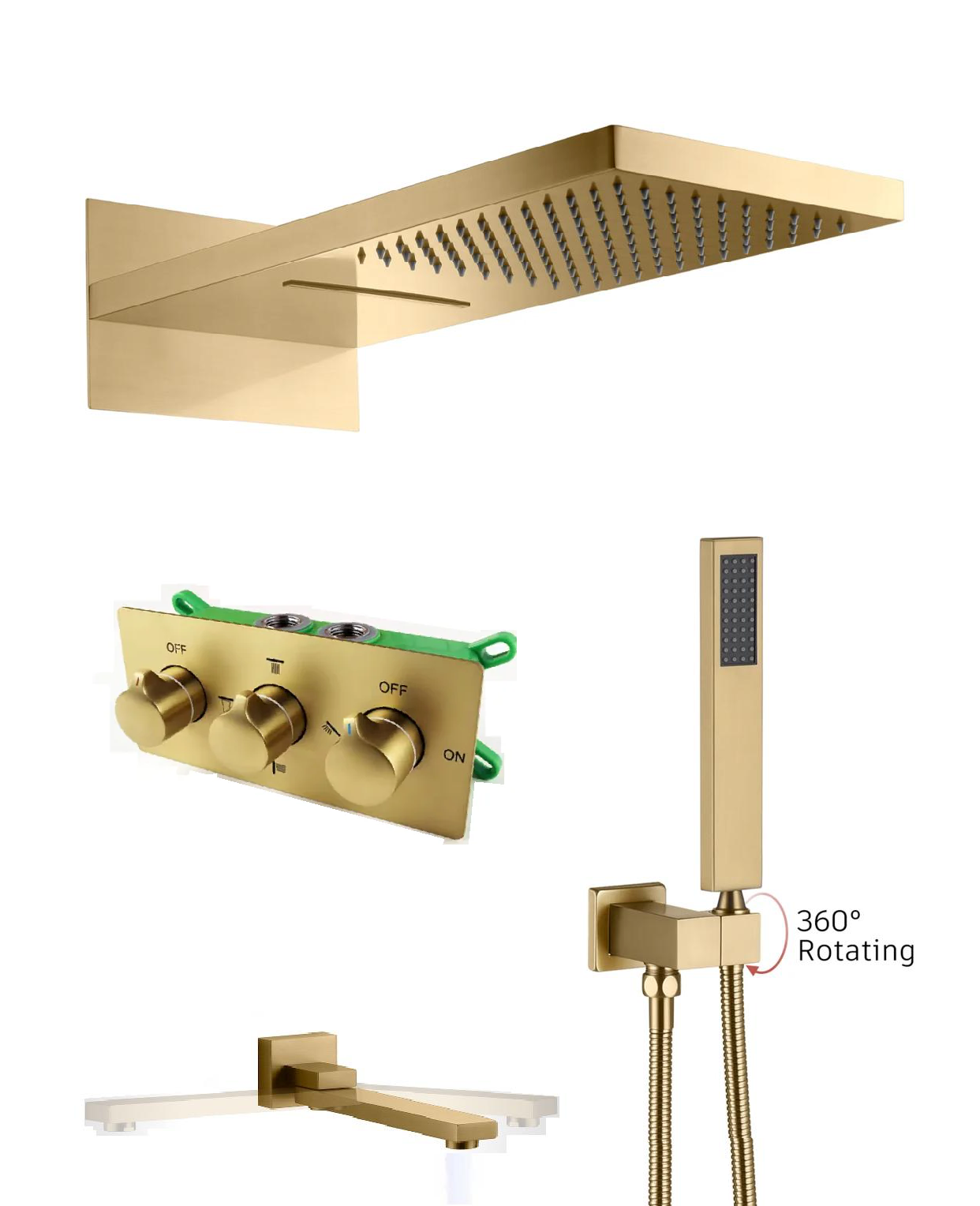 MAX Faucets 4 Function Shower System Set – with Waterfall & Rainfall Showerhead (Brushed Gold) YM-MW44433-BG