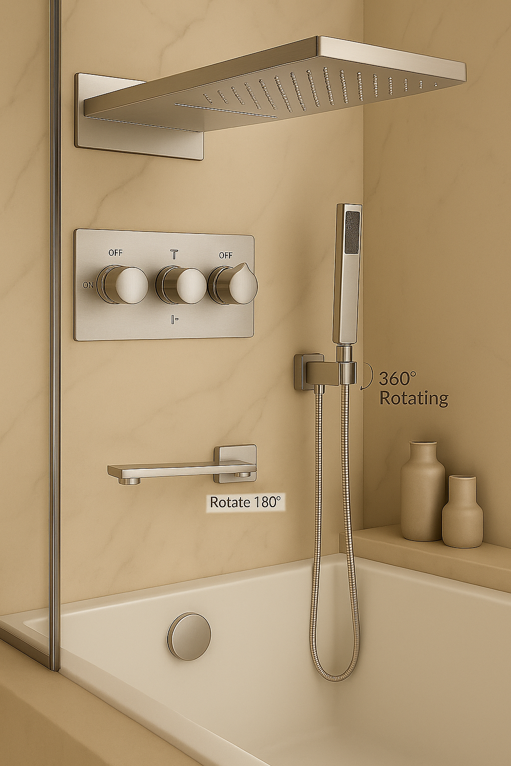 MAX Faucets 4 Function Shower System Set – with Waterfall & Rainfall Showerhead (Brushed Nickel) YM-MW44433-BN