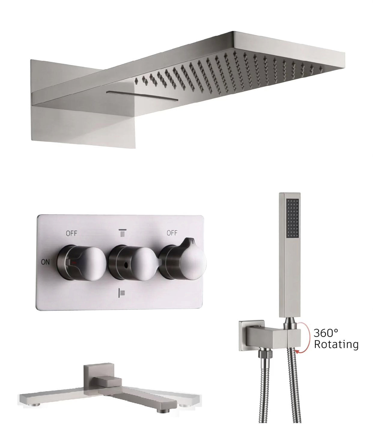 MAX Faucets 4 Function Shower System Set – with Waterfall & Rainfall Showerhead (Brushed Nickel) YM-MW44433-BN