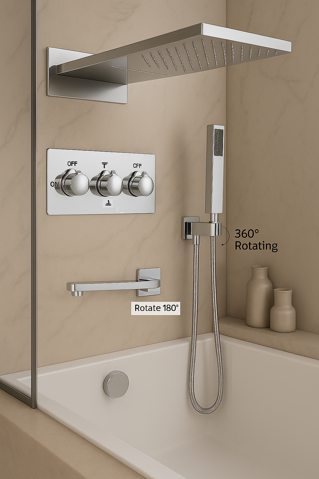 MAX Faucets 4 Function Shower System Set – with Waterfall & Rainfall Showerhead (Chrome) YM-MW44433-C