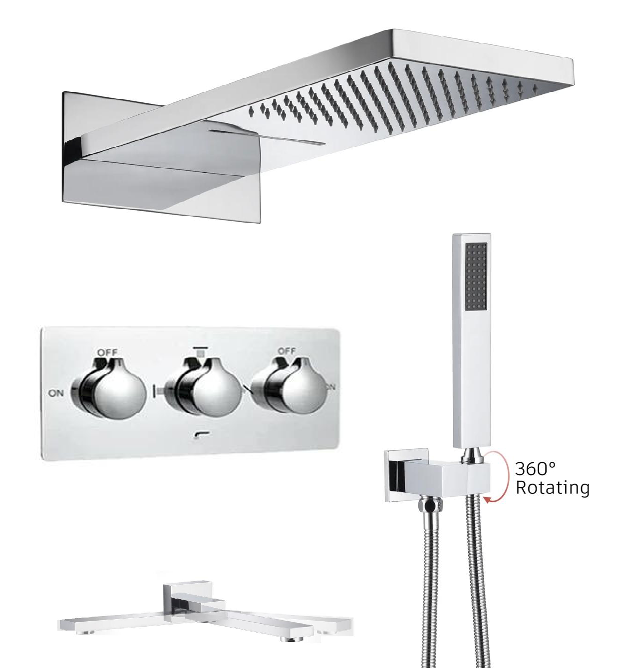 MAX Faucets 4 Function Shower System Set – with Waterfall & Rainfall Showerhead (Chrome) YM-MW44433-C
