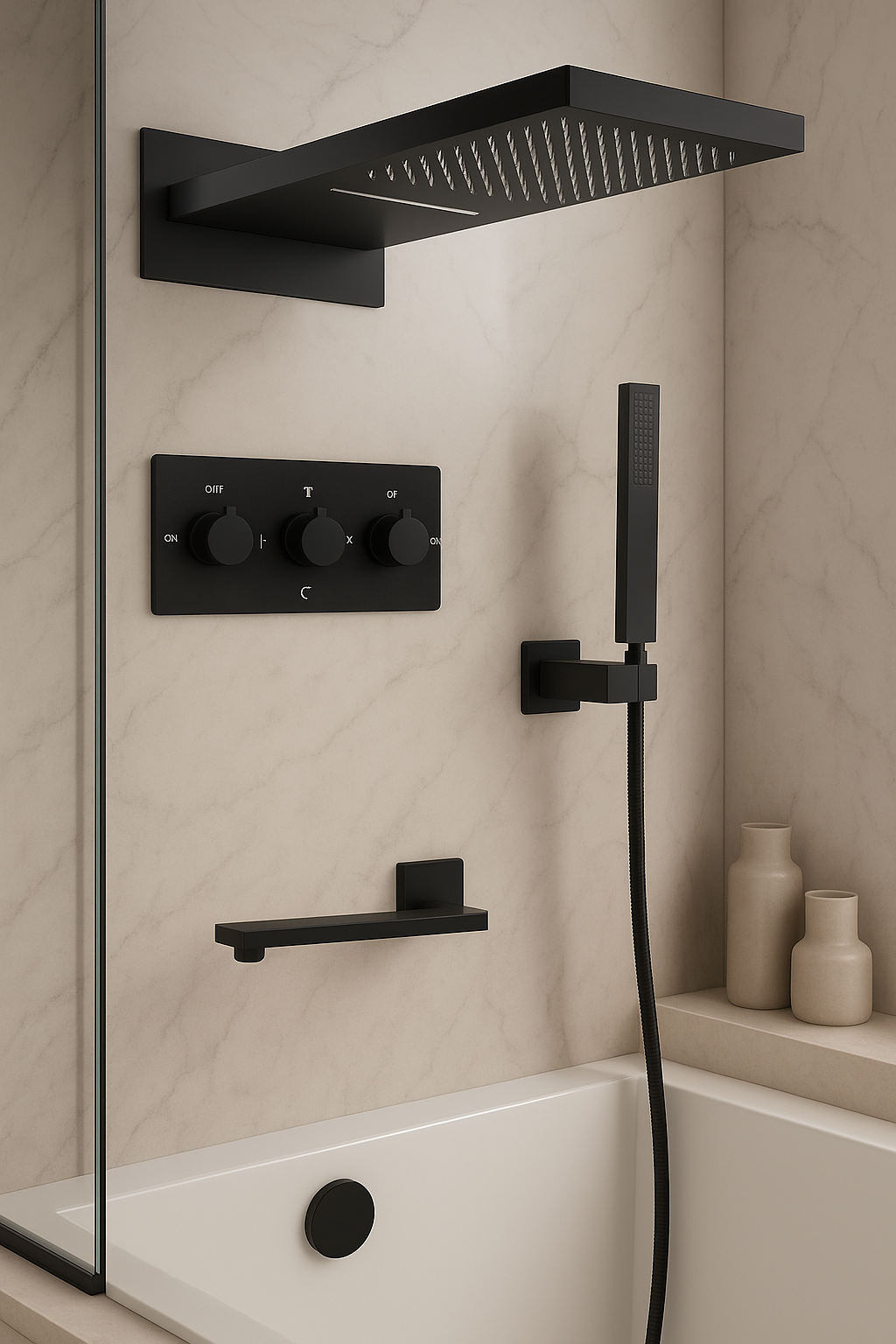 MAX Faucets 4 Function Shower System Set – with Waterfall & Rainfall Showerhead (Matte Black) YM-MW44433-MB