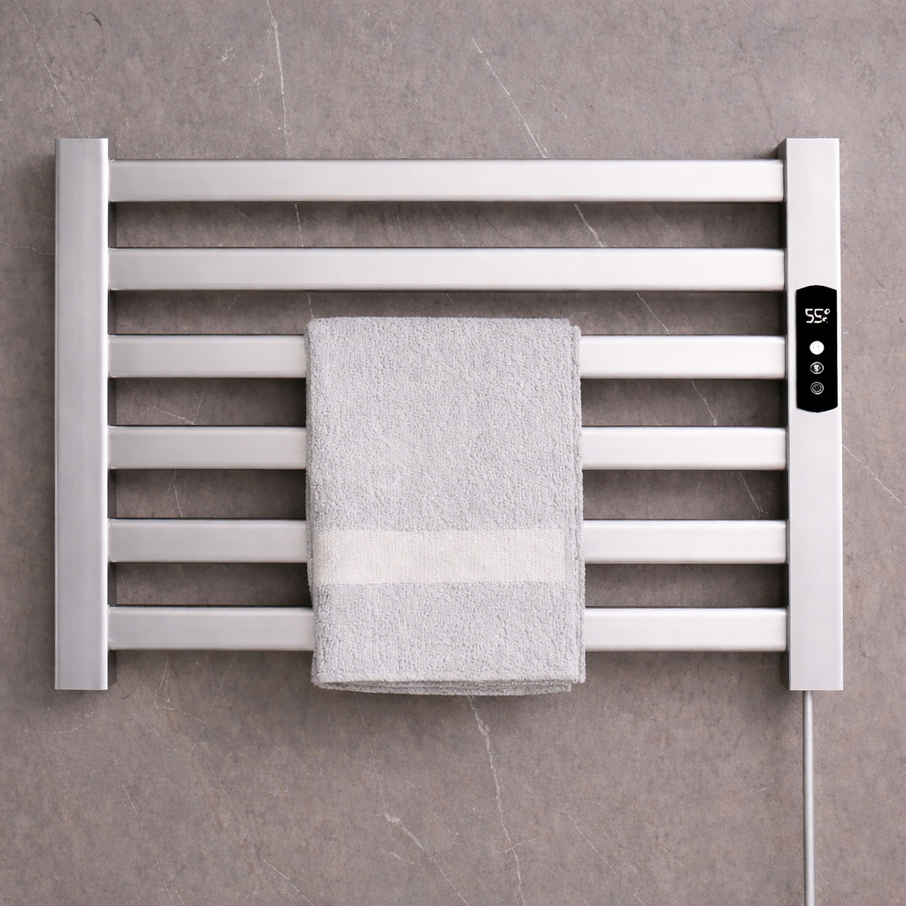 MAX Faucets 6-bar wall-mounted electric towel warmer rack in polished chrome with digital control, 500x450 mm