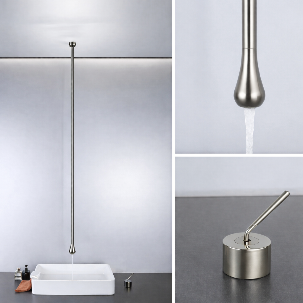 MAX Faucets | Ceiling-Mounted Bathroom Faucet with Deck-Mounted Hand Control – Brushed Nickel Finish