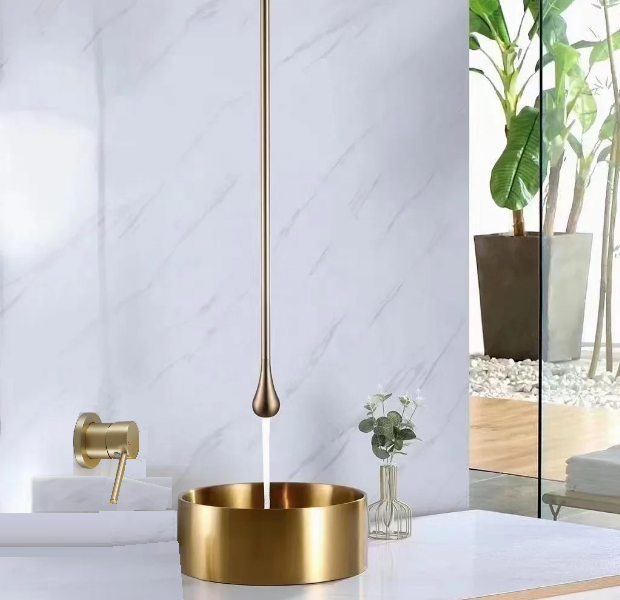 MAX Faucets | Ceiling Bathroom Faucet With Wall Mounted Hand Control Brushed Gold Finish
