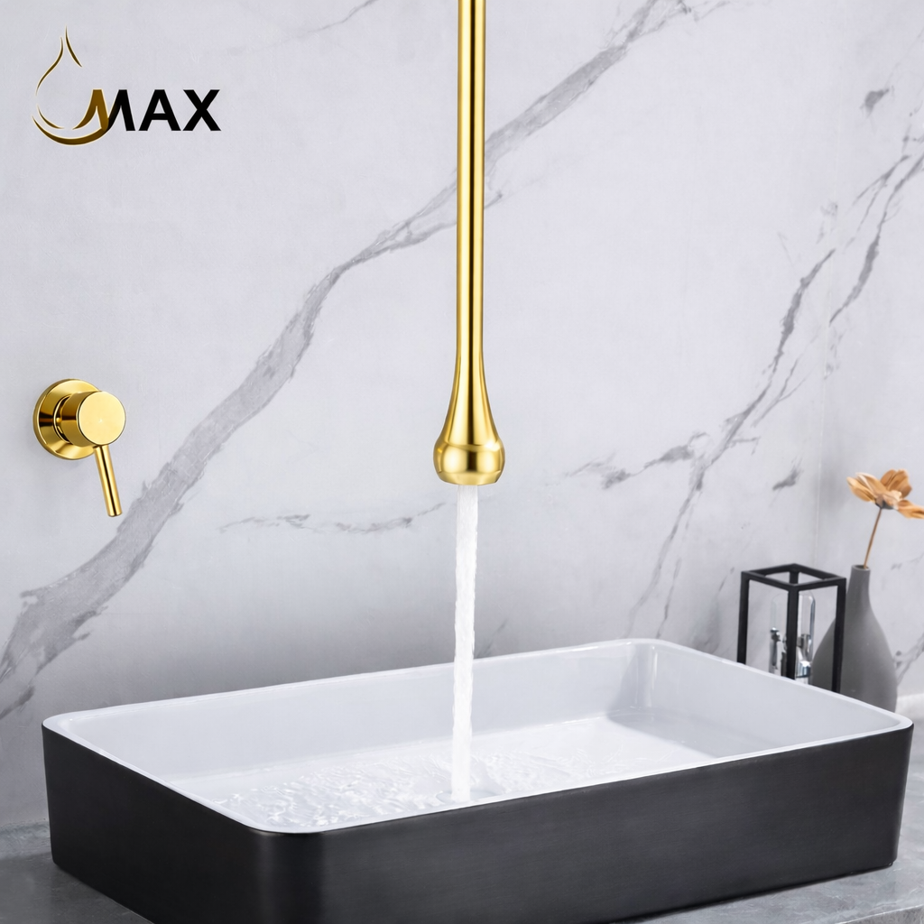 MAX Faucets | Ceiling Bathroom Faucet With Wall Mounted Hand Control Shiny Gold Finish