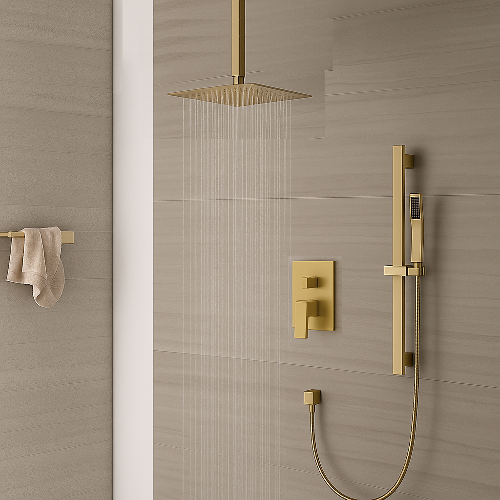MAX Faucets | Ceiling Shower System Two Functions Hand-Held Slide Bar With Pressure Balance Valve Brushed Gold YM-MC9229H-BG