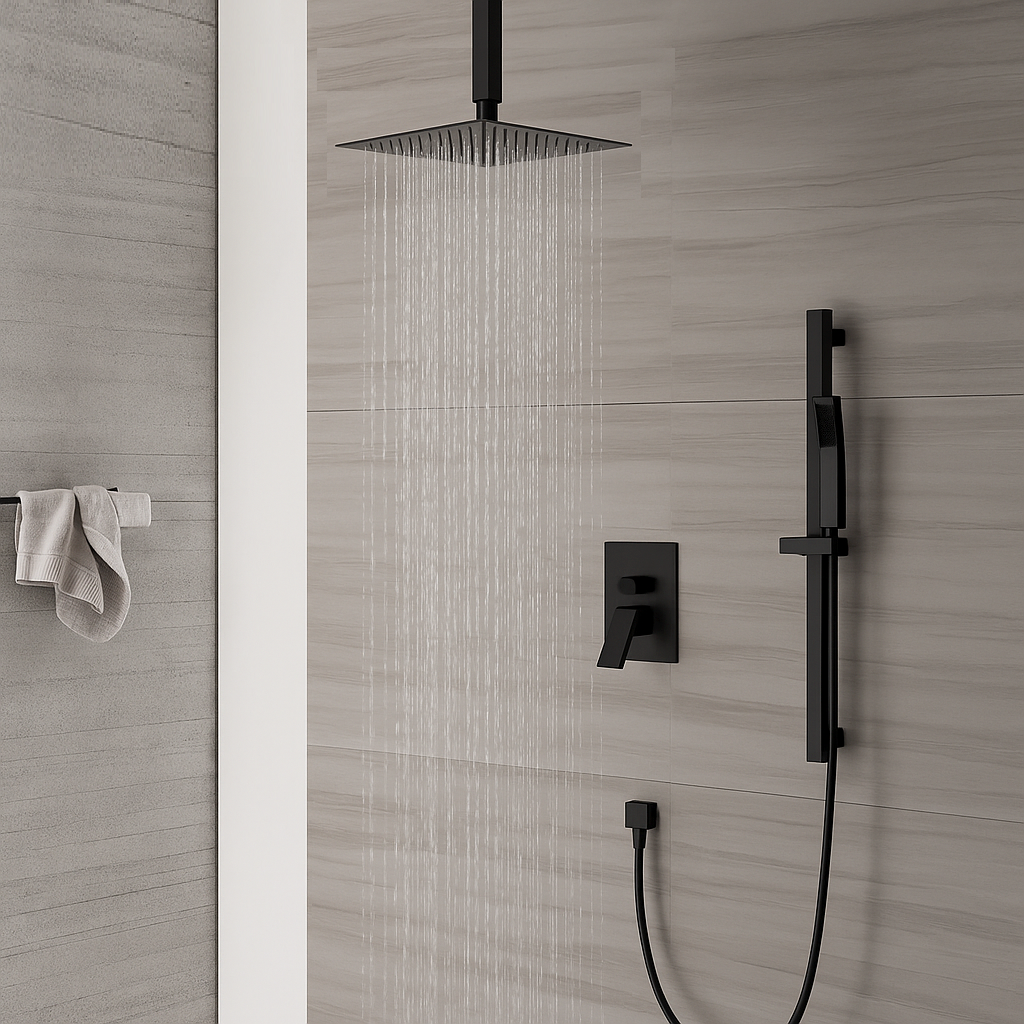 MAX Faucets | Ceiling Shower System Two Functions Hand-Held Slide Bar With Pressure Balance Valve Matte Black Finish YM-MC9229H-MB