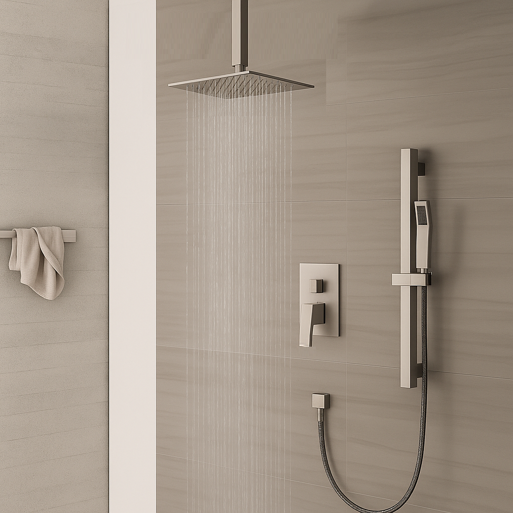 MAX Faucets | Ceiling Shower System Two Functions With Hand-Held Slide Bar and Pressure Balance Valve Brushed Nickel YM-MC9229H-BN