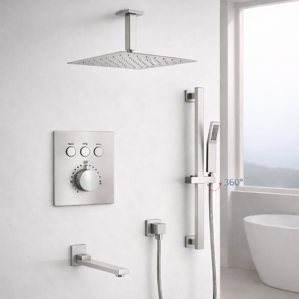 Ceiling Thermostatic Shower System Three Functions With Hand-Held Slide Bar and Pressure Balance Valve Brushed Nickel Finish