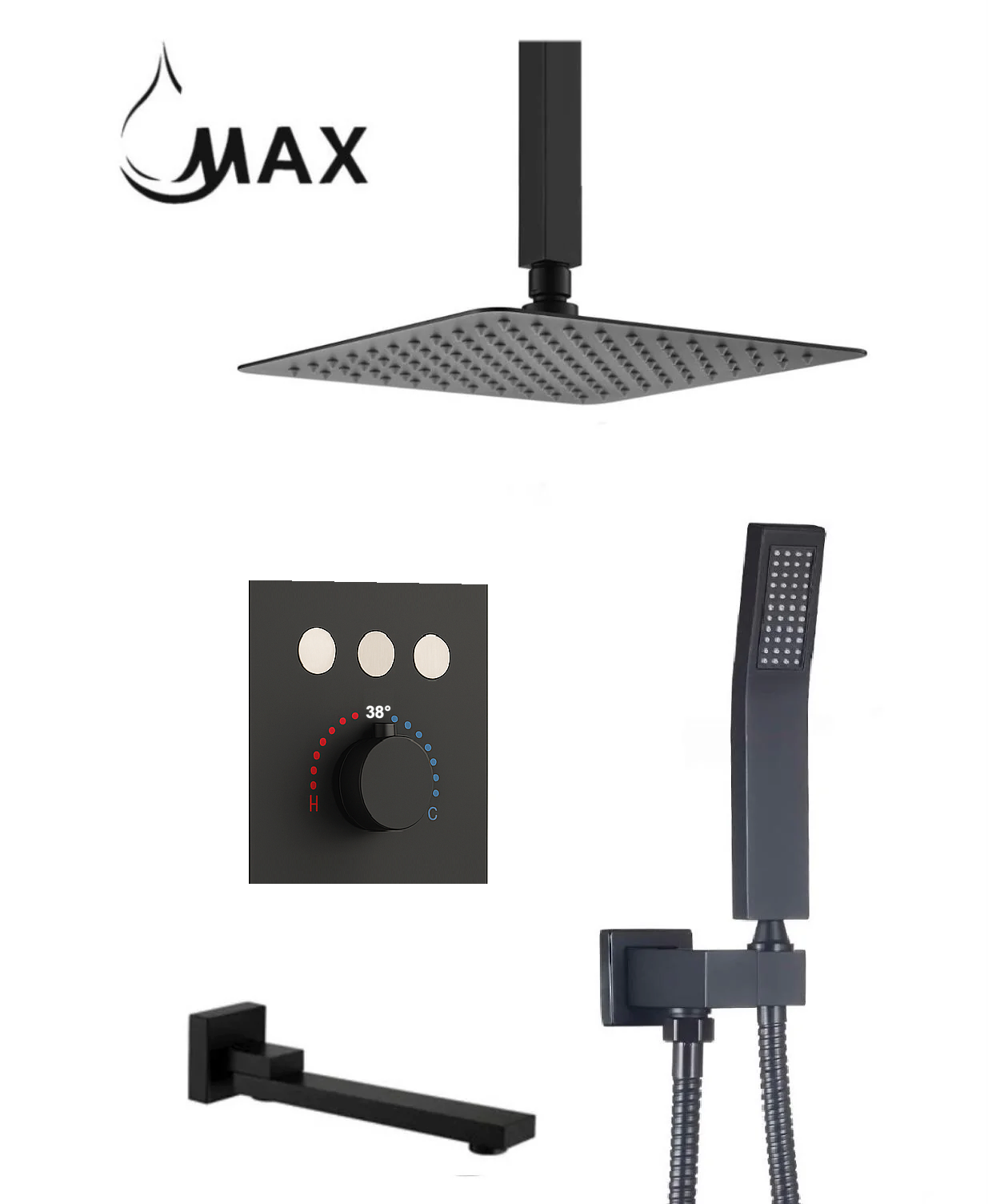 MAX Faucets | Ceiling Thermostatic Shower System Three Functions With Push-Buttons Pressure Balance Valve Matte Black Finish YM-MC7133TH-MB