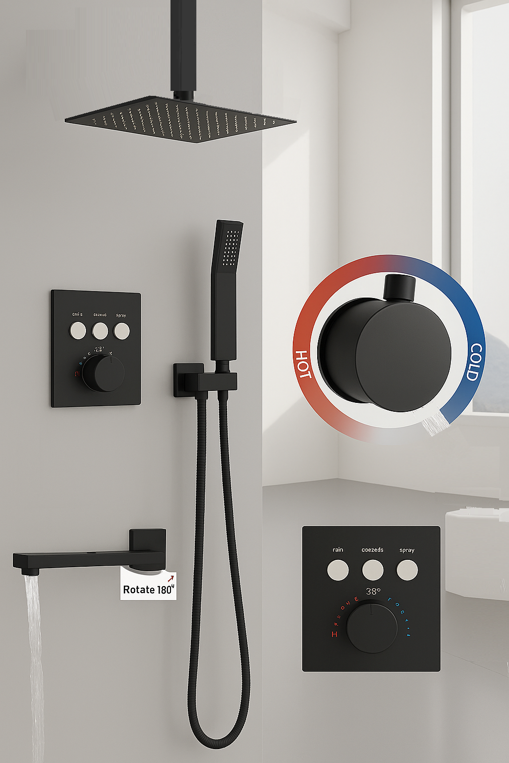 MAX Faucets | Ceiling Thermostatic Shower System Three Functions With Push-Buttons Pressure Balance Valve Matte Black Finish YM-MC7133TH-MB