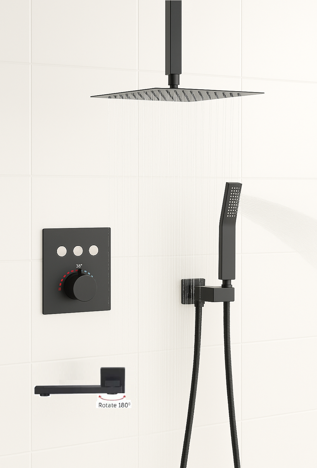 Ceiling Thermostatic Shower System Three Functions With Push-buttons Pressure Balance Valve Matte Black Finish