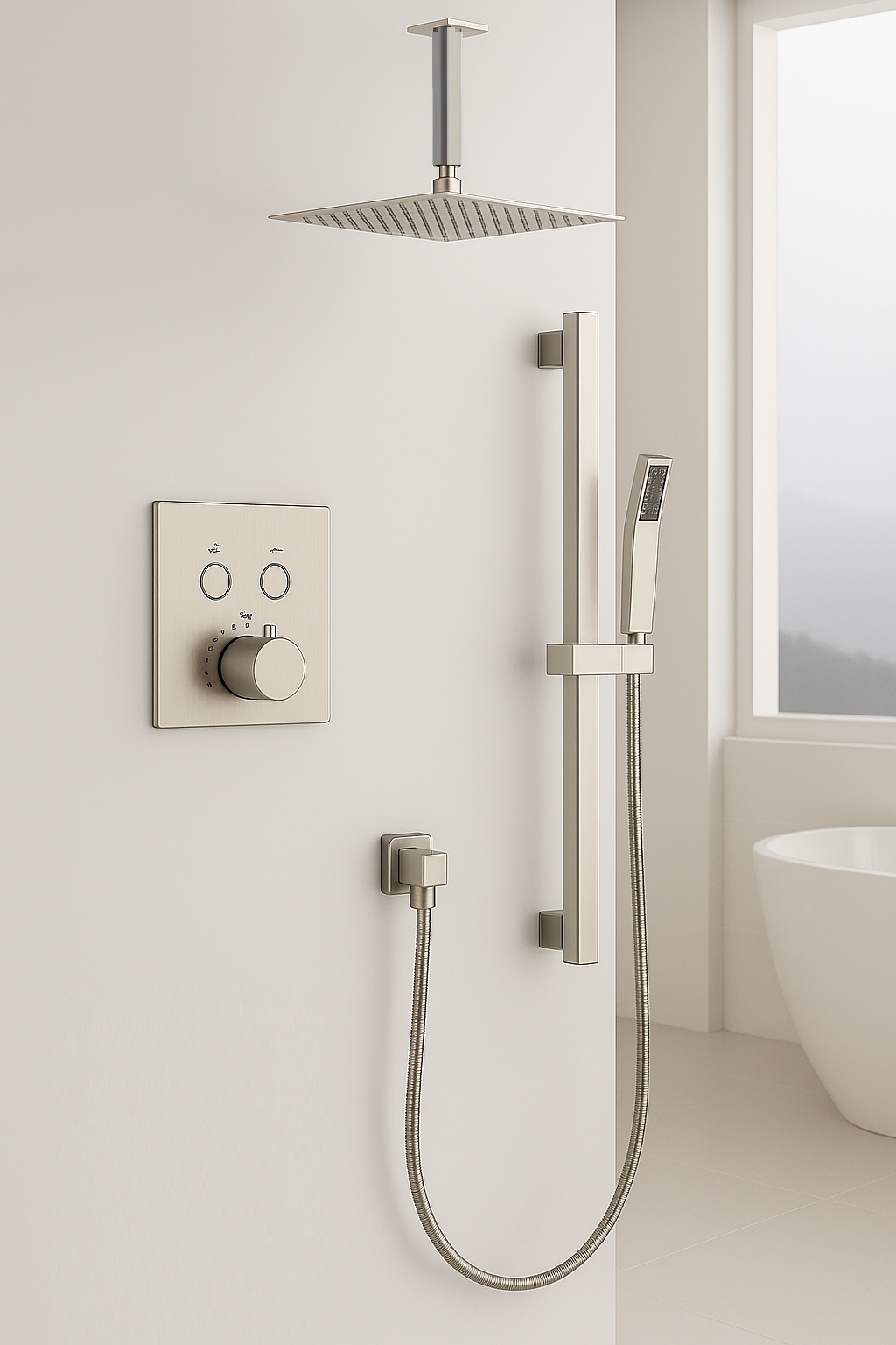 MAX Faucets | Ceiling Thermostatic Shower System Two Functions With Hand-Held Slide Bar and Pressure-Balance Valve Brushed Nickel
SKU: YM-MC9122THSB-BN