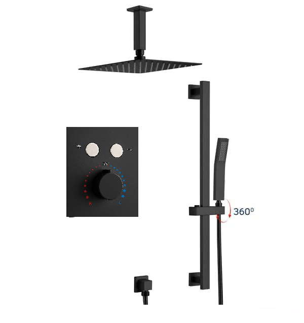 MAX Faucets | Ceiling Thermostatic Shower System Two Functions With Hand-Held Slide Bar and Pressure-Balance Valve Matte Black Finish
SKU: YM-MC9122THSB-MB