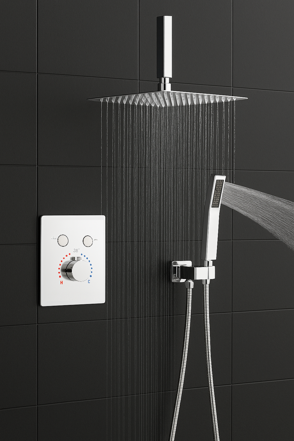 MAX Faucet | Ceiling Thermostatic Shower System Two Functions With Push-buttons Pressure Balance Valve Chrome Finish