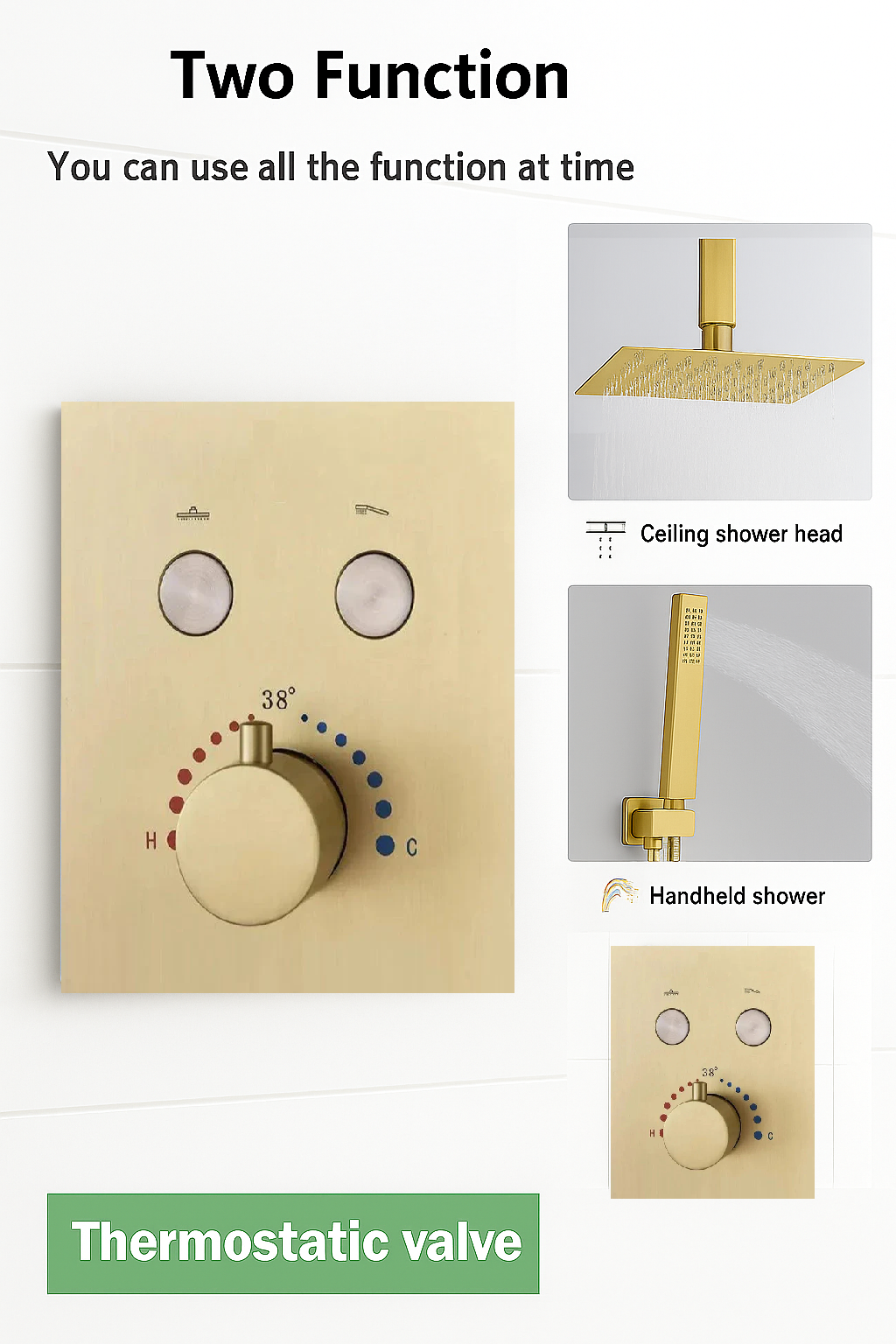 Ceiling Thermostatic Shower System Two Functions With Push-buttons Pressure Balance Valve Brushed Gold Finish YM-MC7122TH-BG