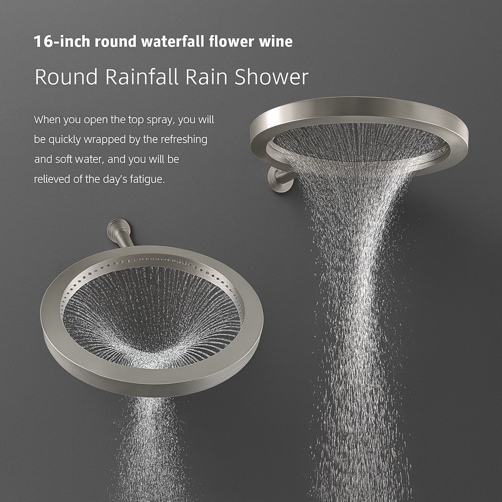 MAX Faucets Luxury 16" Round Waterfall Shower Head Brushed Nickel Finish 