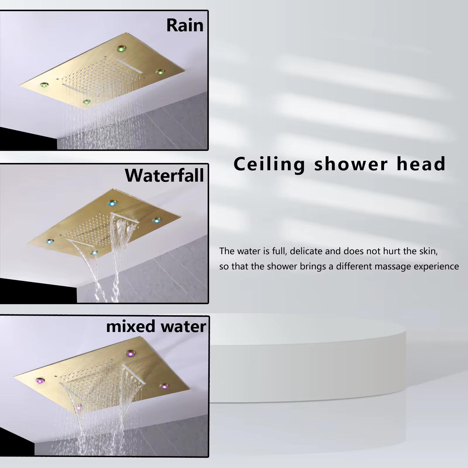 MAX Faucets Luxury Ceiling Shower Head 20” x 14” LED Rainfall & Waterfall Shower Head, Remote Control (Brushed Gold)