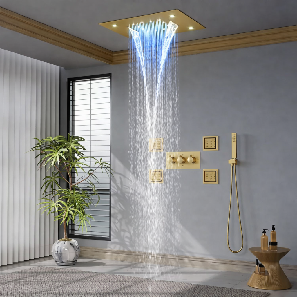 MAX Faucets Luxury Ceiling Shower System – 4-Function Shower Set with 20” x 14” LED Rainfall & Waterfall Shower Head, Remote Control, Pressure Balance Valve, Handheld Shower & 4 Body Jets (Brushed Gold)