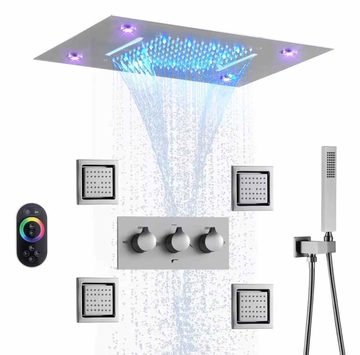 MAX Faucets Luxury Ceiling Shower System – 4-Function Shower Set with 20” x 14” LED Rainfall & Waterfall Shower Head, Remote Control, Pressure Balance Valve, Handheld Shower & 4 Body Jets (Brushed Nickel)