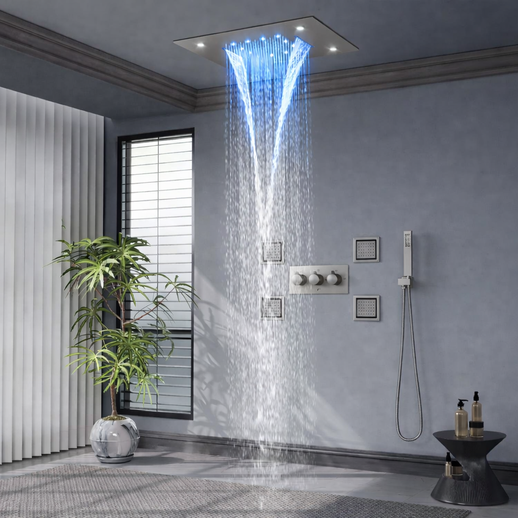 MAX Faucets Luxury Ceiling Shower System – 4-Function Shower Set with 20” x 14” LED Rainfall & Waterfall Shower Head, Remote Control, Pressure Balance Valve, Handheld Shower & 4 Body Jets (Brushed Nickel)