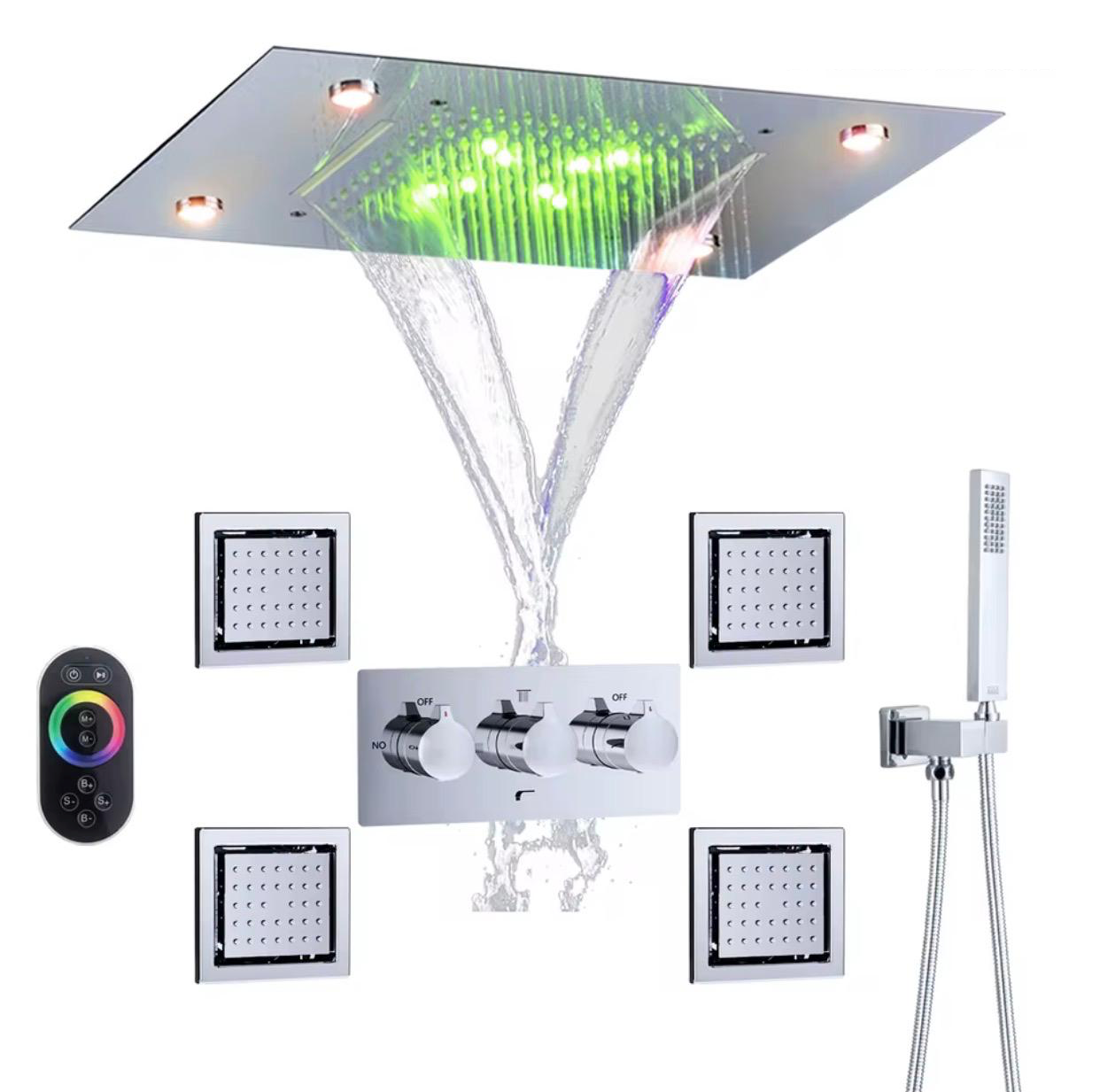 MAX Faucets Luxury Ceiling Shower System – 4-Function Shower Set with 20” x 14” LED Rainfall & Waterfall Shower Head, Remote Control, Pressure Balance Valve, Handheld Shower & 4 Body Jets (Chrome)