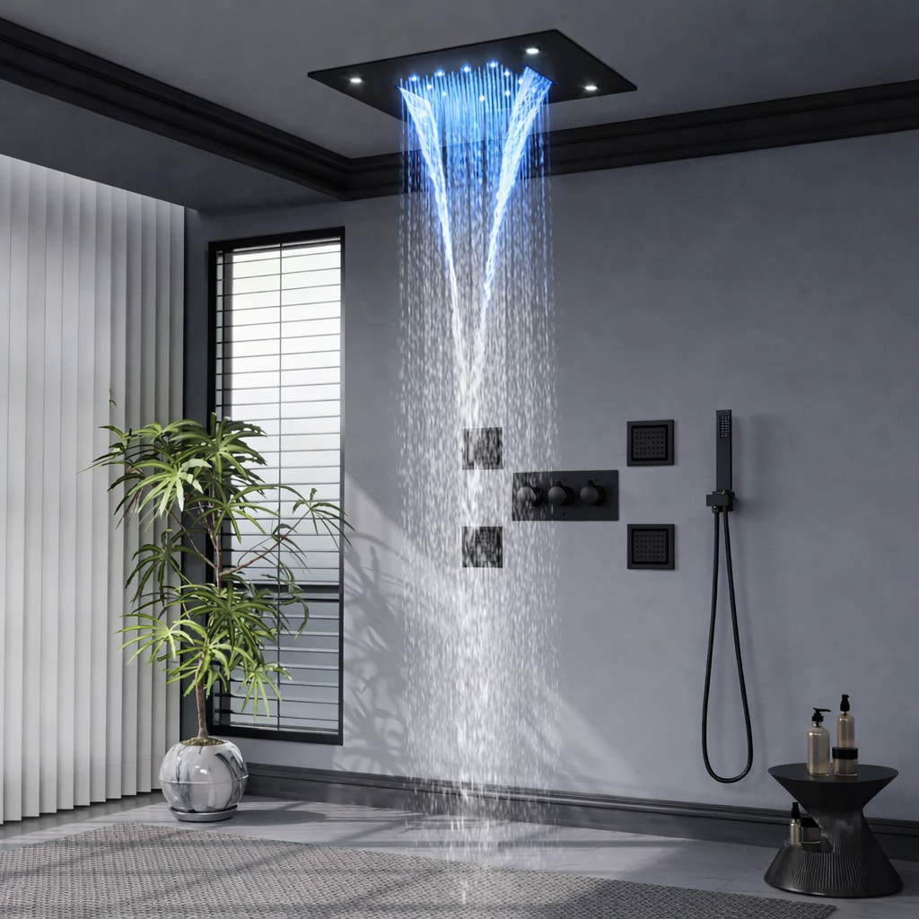 MAX Faucets 4-function LED ceiling shower system in matte black with rainfall and waterfall modes