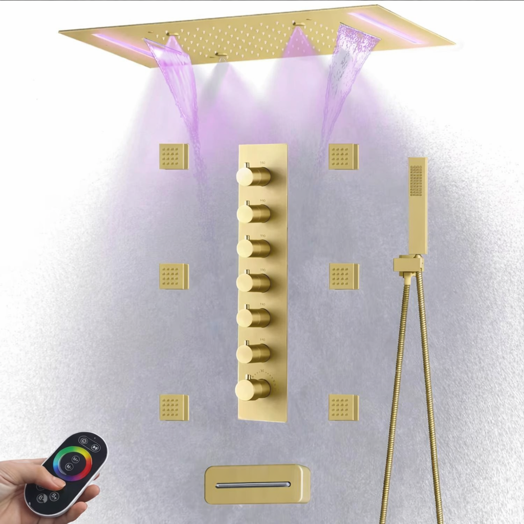 Modern bathroom featuring MAX Faucets Brushed gold LED rainfall shower system with body jets