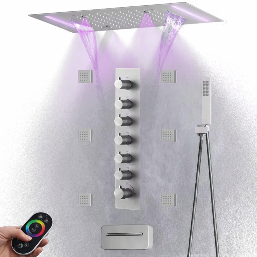 MAX Faucets Luxury Ceiling Thermostatic Shower System in Brushed Nickel with 20” x 14” LED rainfall, waterfall and mist shower head installed in modern bathroom