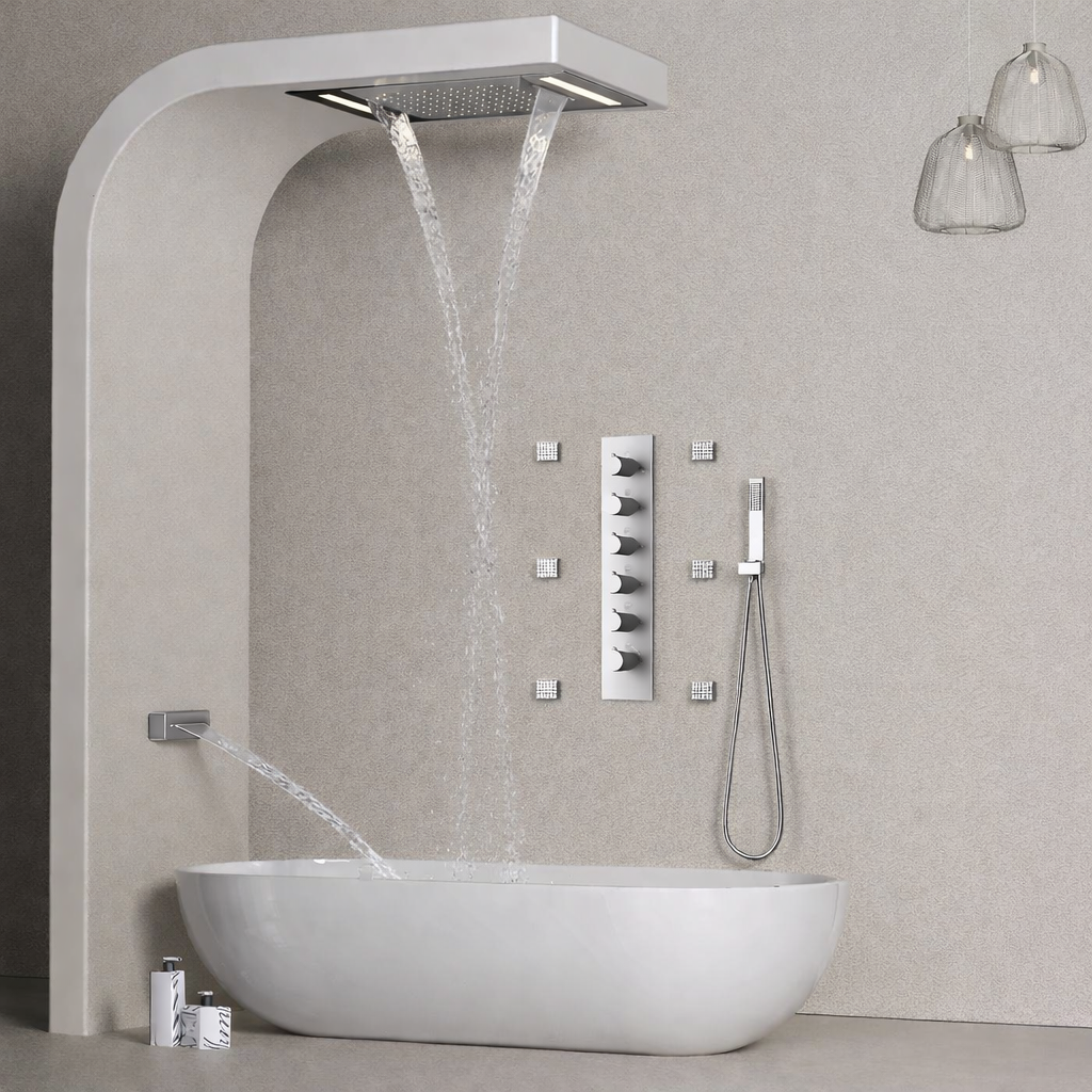 MAX Faucets Luxury Ceiling Thermostatic Shower System – 6-Function Shower Set with 20” x 14” LED Rainfall, Waterfall & Mist Shower Head, Pressure Balance Valve, Handheld Shower & 6 Body Jets (Chrome)