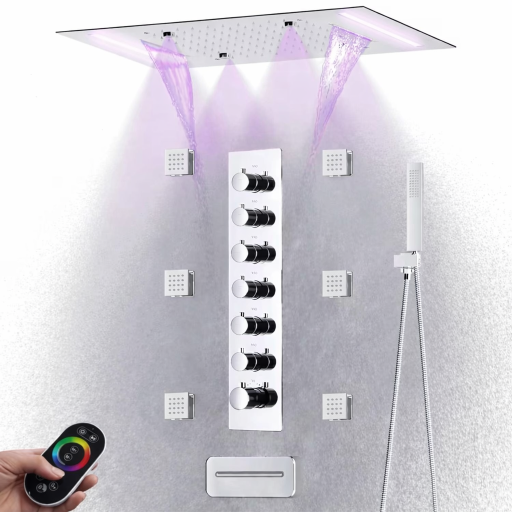 MAX Faucets Luxury Ceiling Thermostatic Shower System in Polished Chrome with 20” x 14” LED rainfall, waterfall and mist shower head installed in modern bathroom