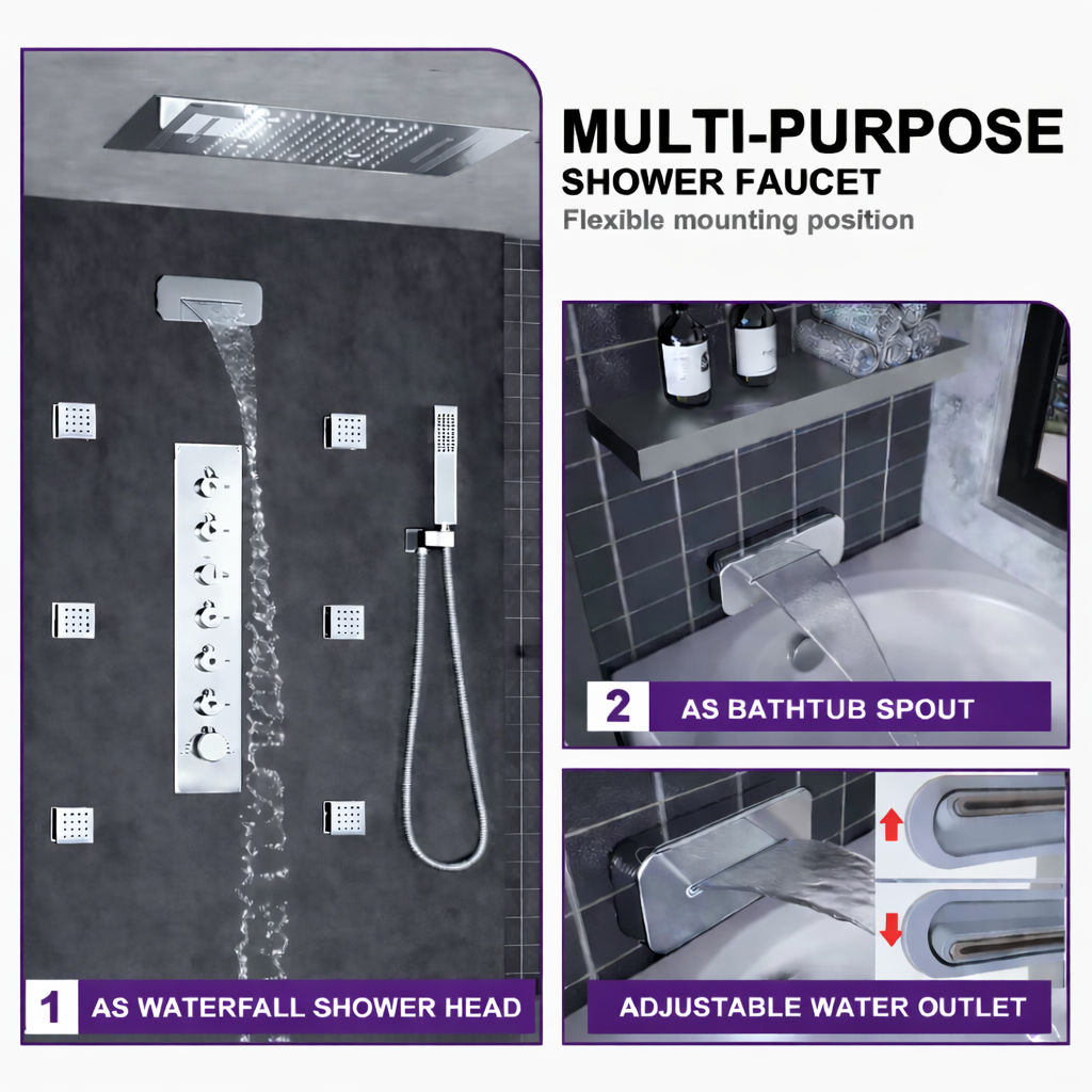 MAX Faucets Luxury Ceiling Thermostatic Shower System – 6-Function Shower Set with 20” x 14” LED Rainfall, Waterfall & Mist Shower Head, Pressure Balance Valve, Handheld Shower & 6 Body Jets (Chrome)