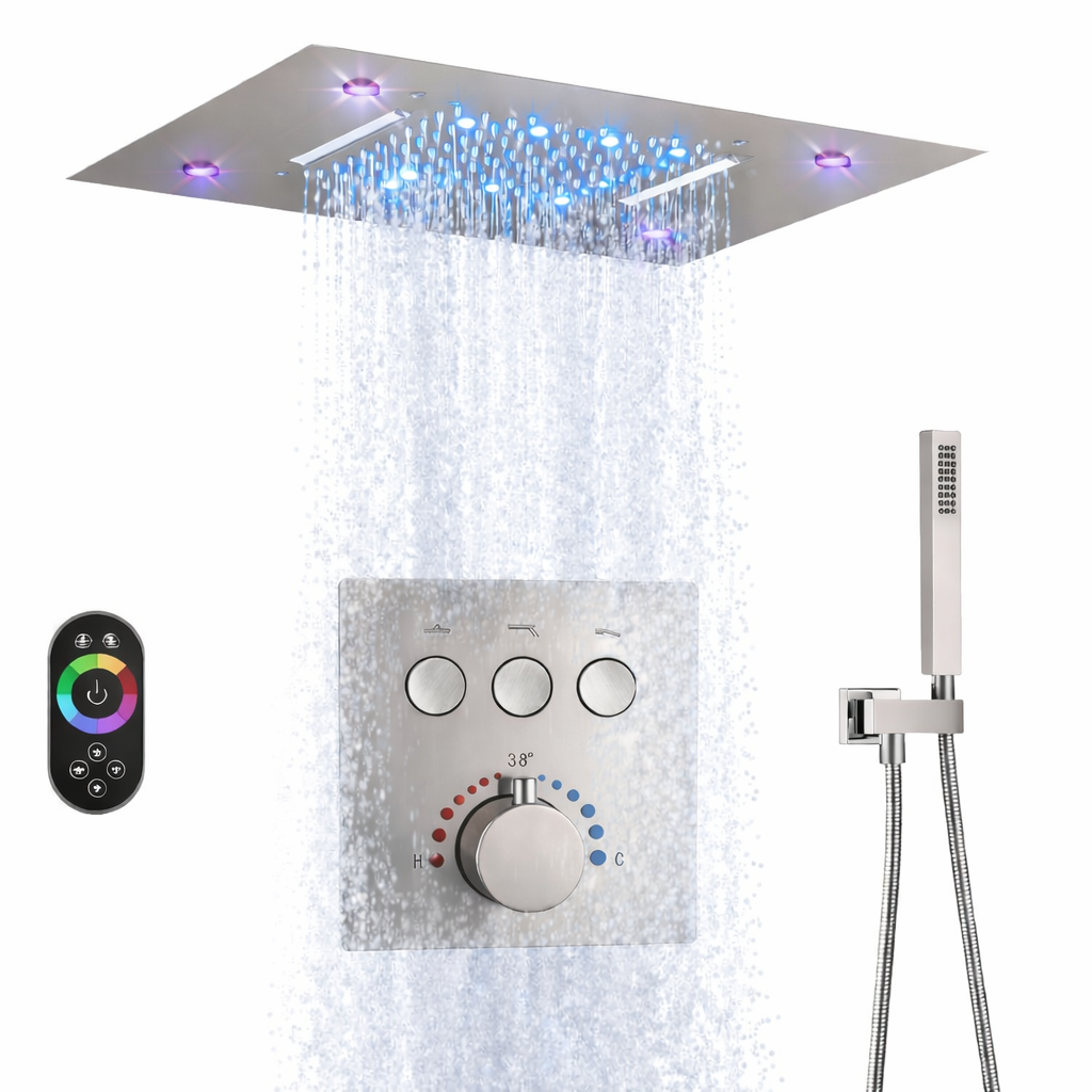 MAX Faucets Luxury LED Ceiling Thermostatic Shower System – Brushed Ni