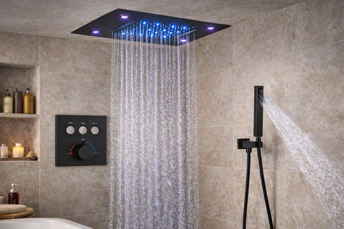 MAX Faucets Luxury LED Ceiling Thermostatic Shower System – Matte Blac
