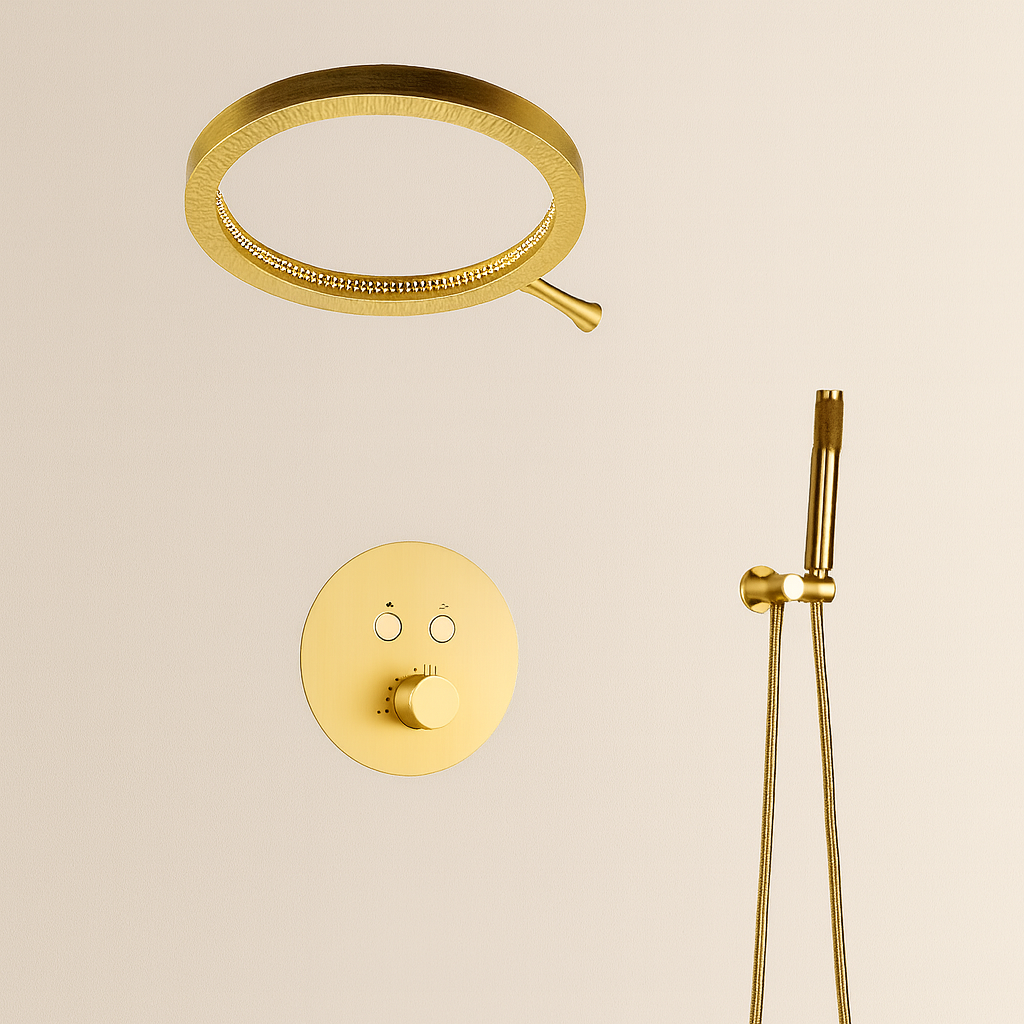 MAX Faucets Luxury Thermostatic Shower System – Two Functions | 16" Round Waterfall Shower Head with Push-Button Pressure-Balance Valve | Brushed Gold Finish YM-RCWF5522TH-BG
