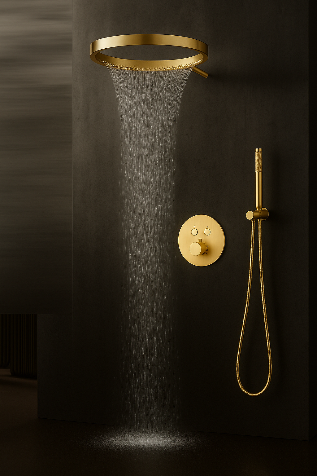 MAX Faucets Luxury Thermostatic Shower System – Two Functions | 16" Round Waterfall Shower Head with Push-Button Pressure-Balance Valve | Brushed Gold Finish YM-RCWF5522TH-BG