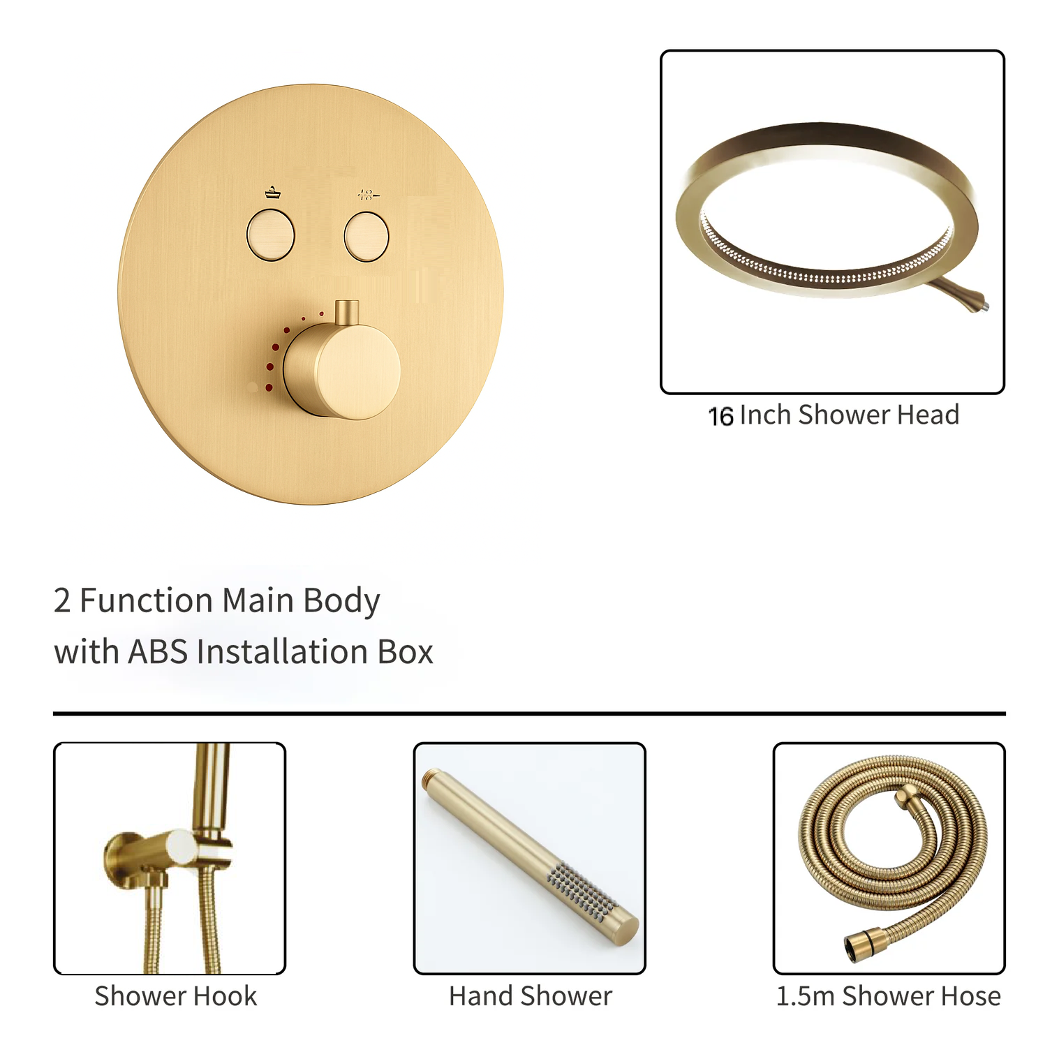 MAX Faucets Luxury Thermostatic Shower System – Two Functions | 16" Round Waterfall Shower Head with Push-Button Pressure-Balance Valve | Brushed Gold Finish YM-RCWF5522TH-BG