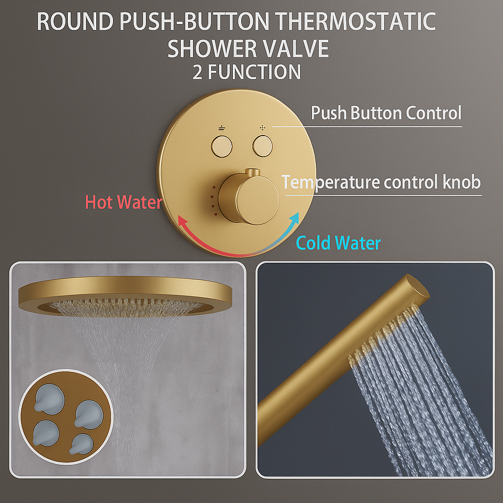 MAX Faucets Luxury Thermostatic Shower System – Two Functions | 16" Round Waterfall Shower Head with Push-Button Pressure-Balance Valve | Brushed Gold Finish YM-RCWF5522TH-BG