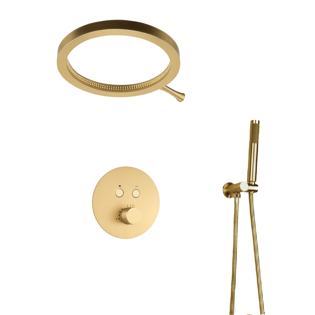 MAX Faucets Luxury Thermostatic Shower System – Two Functions | 16" Round Waterfall Shower Head with Push-Button Pressure-Balance Valve | Brushed Gold Finish YM-RCWF5522TH-BG