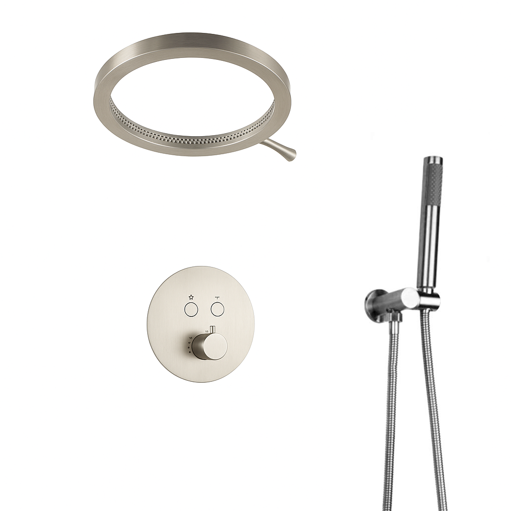 MAX Faucets Luxury Thermostatic Shower System – Two Functions | 16" Round Waterfall Shower Head with Push-Button Pressure-Balance Valve | Brushed Nickel Finish YM-RCWF5522TH-BN
