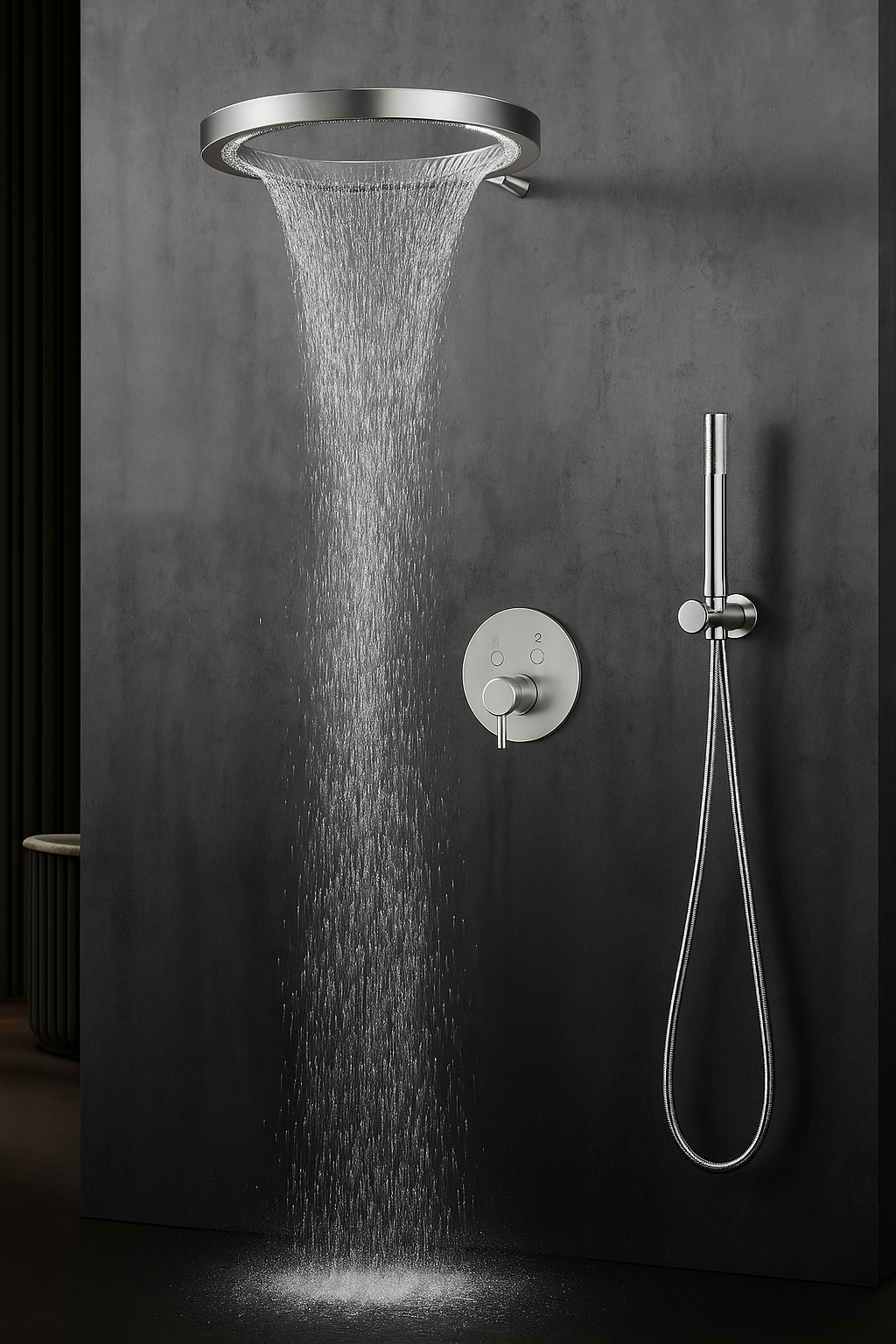 MAX Faucets Luxury Thermostatic Shower System – Two Functions | 16" Round Waterfall Shower Head with Push-Button Pressure-Balance Valve | Brushed Nickel Finish YM-RCWF5522TH-BN