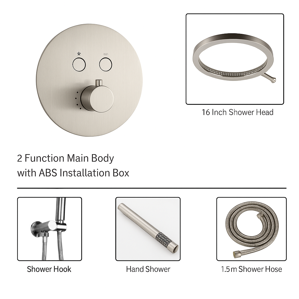 MAX Faucets Luxury Thermostatic Shower System – Two Functions | 16" Round Waterfall Shower Head with Push-Button Pressure-Balance Valve | Brushed Nickel Finish YM-RCWF5522TH-BN