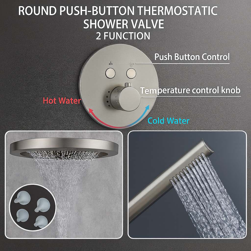 MAX Faucets Luxury Thermostatic Shower System – Two Functions | 16" Round Waterfall Shower Head with Push-Button Pressure-Balance Valve | Brushed Nickel Finish YM-RCWF5522TH-BN