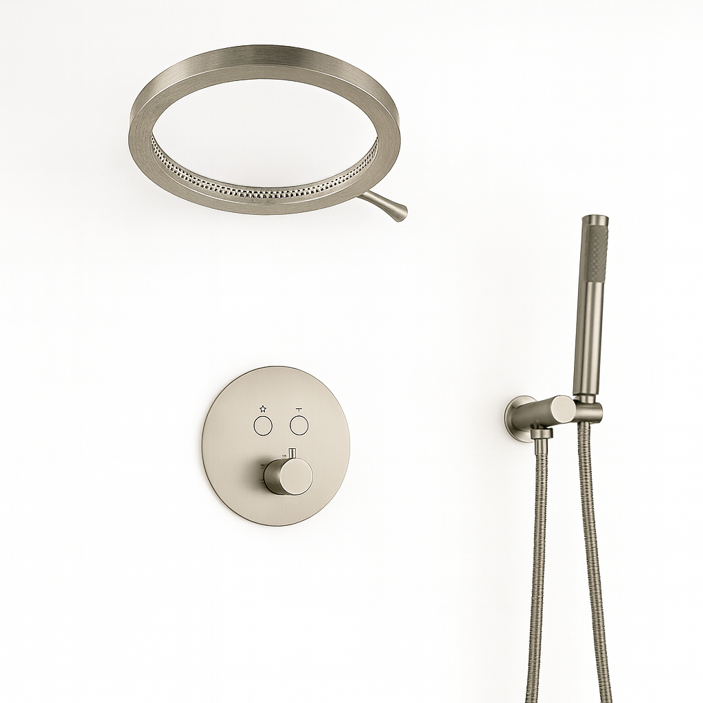 MAX Faucets Luxury Thermostatic Shower System – Two Functions | 16" Round Waterfall Shower Head with Push-Button Pressure-Balance Valve | Brushed Nickel Finish YM-RCWF5522TH-BN