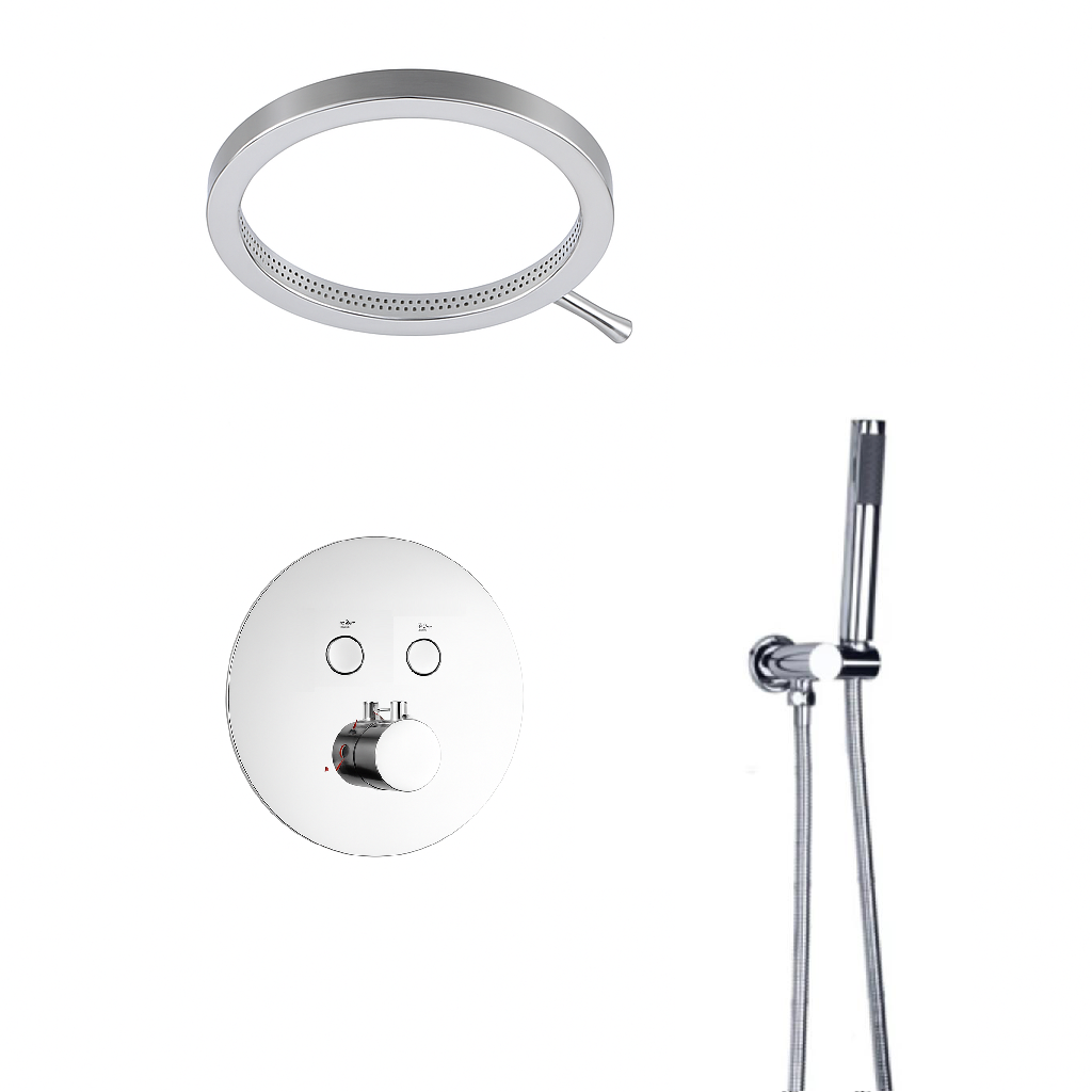 MAX Faucets Luxury Thermostatic Shower System – Two Functions | 16" Round Waterfall Shower Head with Push-Button Pressure-Balance Valve | Chrome Finish YM-RCWF5522TH-C