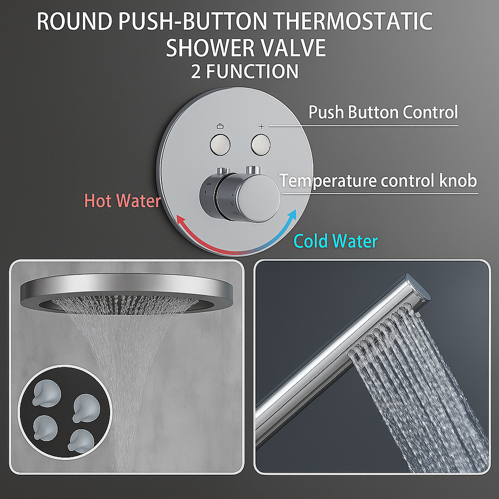 MAX Faucets Luxury Thermostatic Shower System – Two Functions | 16" Round Waterfall Shower Head with Push-Button Pressure-Balance Valve | Chrome Finish YM-RCWF5522TH-C