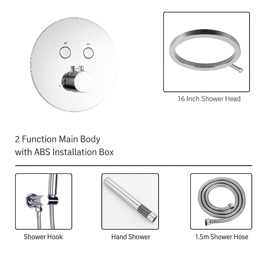 MAX Faucets Luxury Thermostatic Shower System – Two Functions | 16" Round Waterfall Shower Head with Push-Button Pressure-Balance Valve | Chrome Finish YM-RCWF5522TH-C