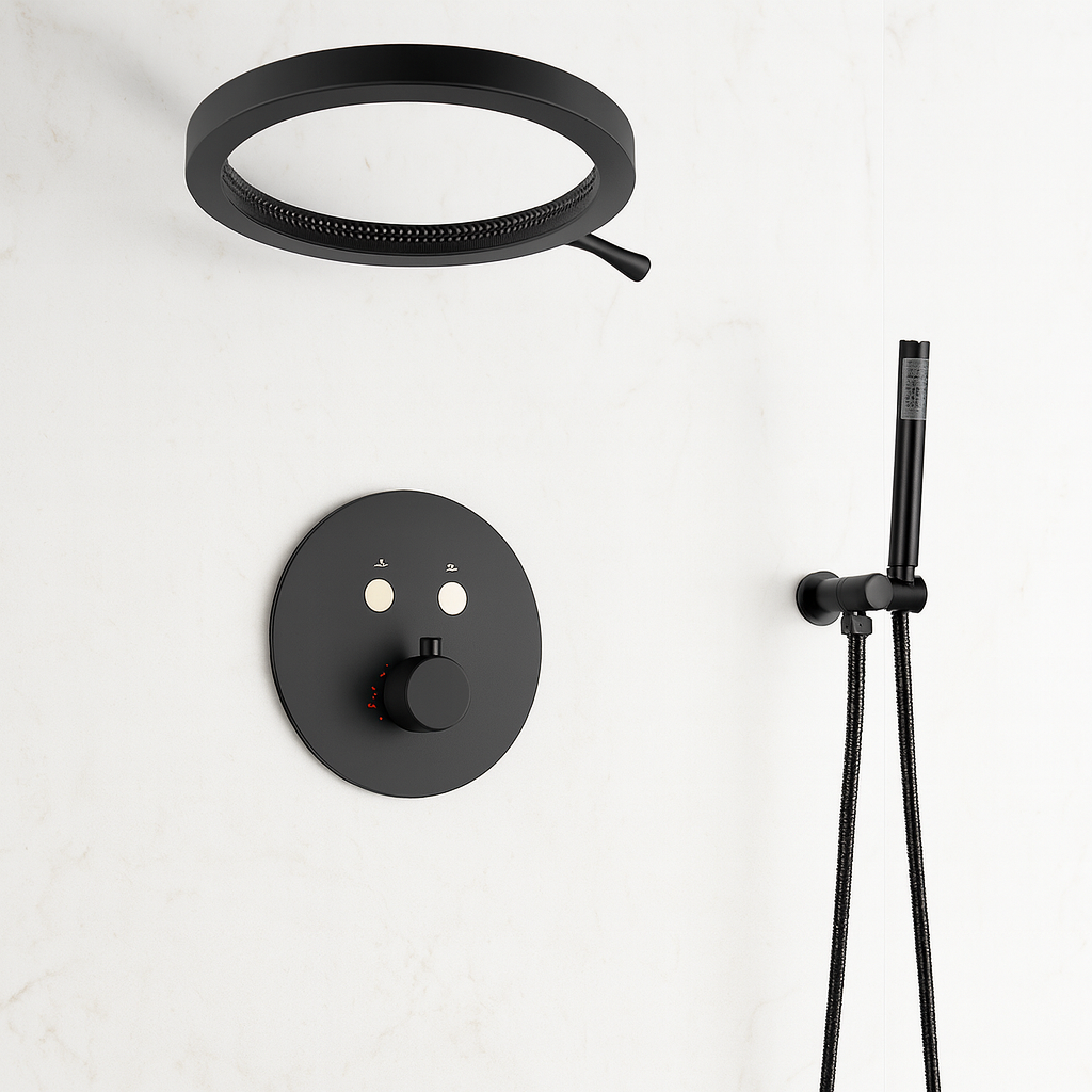 MAX Faucets Luxury Thermostatic Shower System – Two Functions | 16" Round Waterfall Shower Head with Push-Button Pressure-Balance Valve | Matte Black Finish YM-RCWF5522TH-MB
